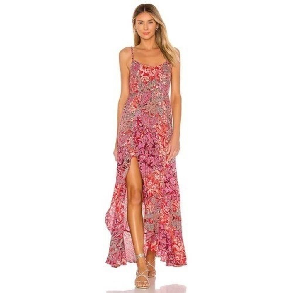 Free People Dress Red Forever Boho Paisley Floral Smocked Ruffle Maxi XS A010786
